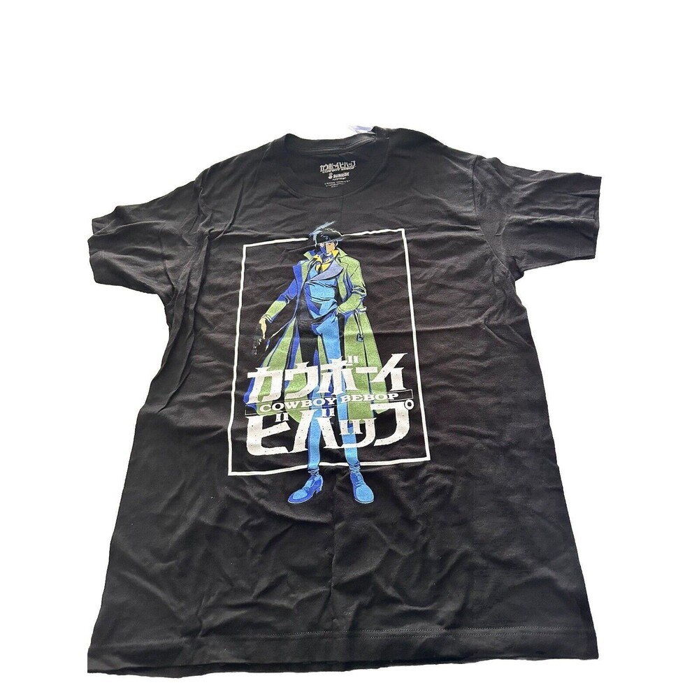 Black Cowboy Bebop Smug Spike Smoking Men's T-Shirt - Large, White Kanji Graphic